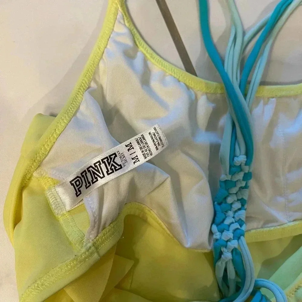 PINK Victoria's Secret Stretch Halter Ruffle Bikini Top Swimsuit Yellow Medium - Picture 7 of 7